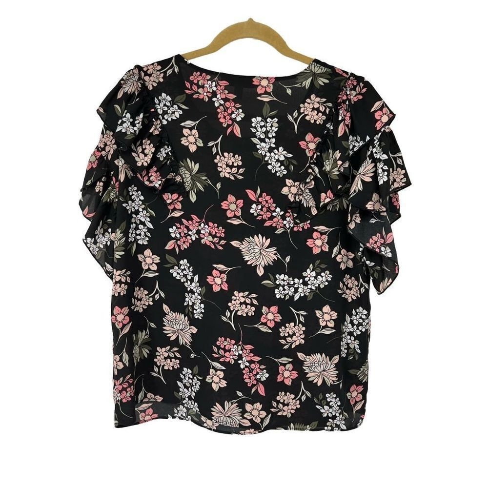 Libby Edelman Black Pink Floral Ruffle Short Sleeve‎ Top Womens M